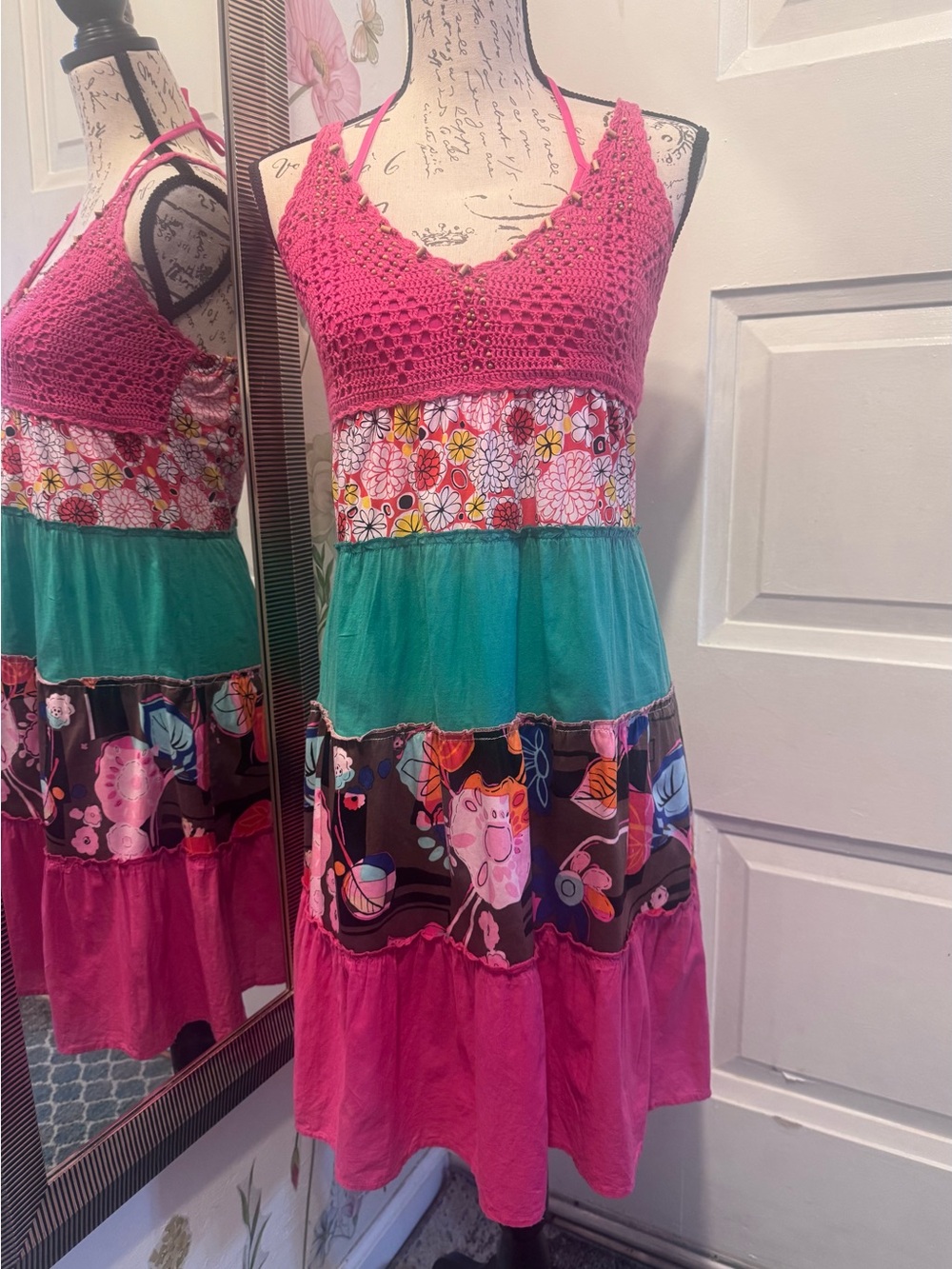 Crocheted Pink Tiered Floral Mini Dress